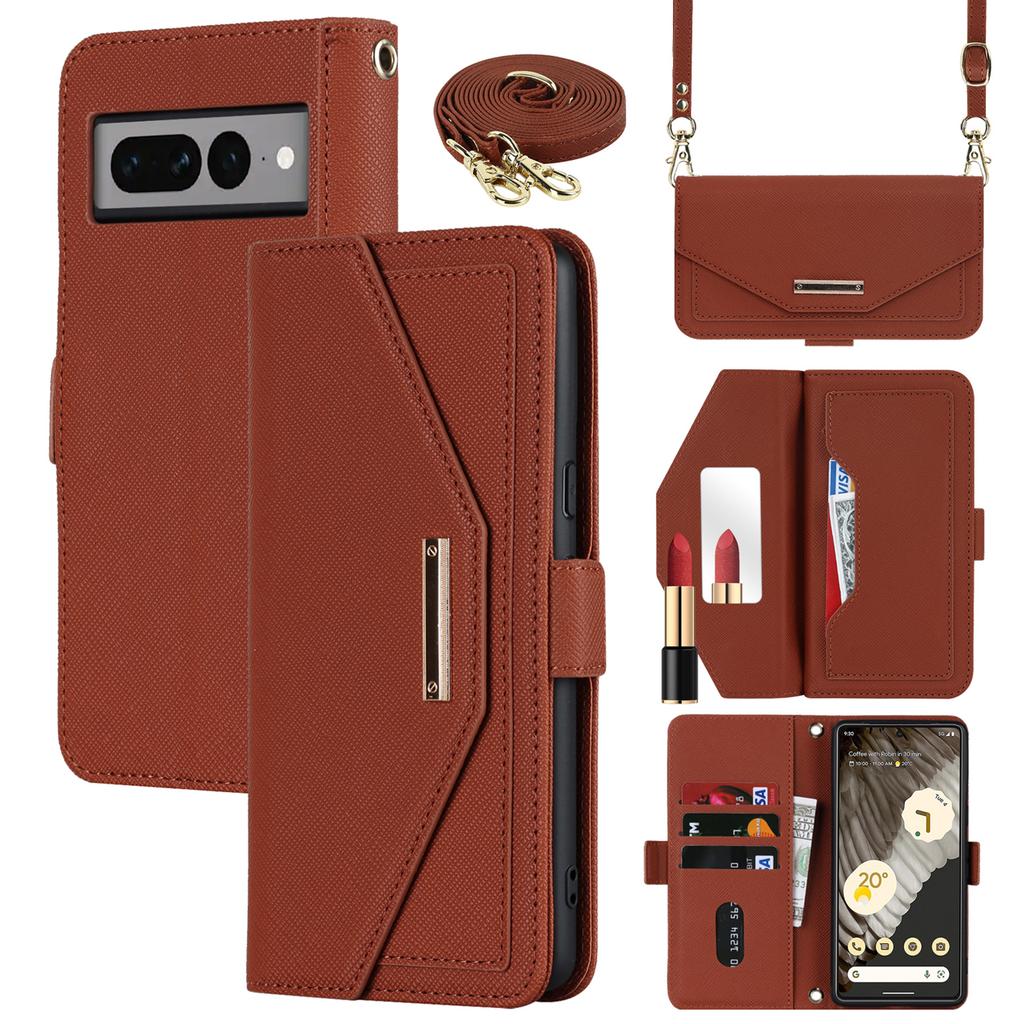 For Google Pixel 7 Pro 5G Stand Case Cross Texture PU Leather Wallet Phone Cover with Shoulder Strap/Makeup Mirror