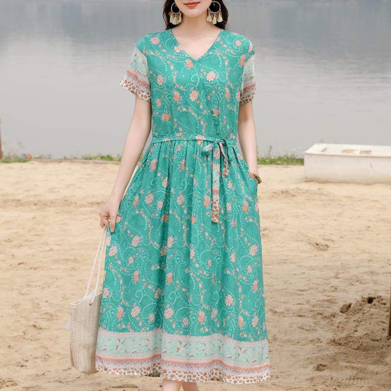 Элегантное женское летнее платье большого размера с коротким рукавом длинное платье женская винтажная одежда