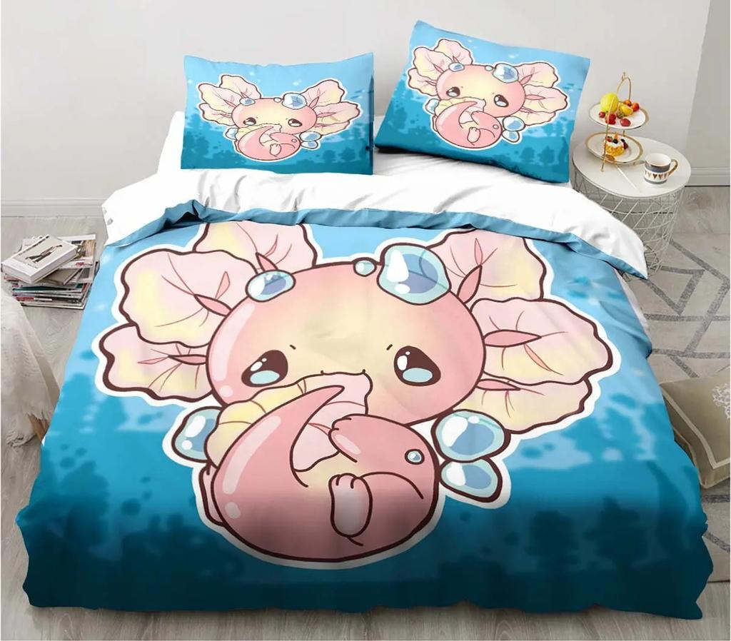 Cute Kawaii Axolotl Art Christmas Navidad Gift King Twin Double Child Customized Bedding Set Duvet Cover with Pillowcase 3 Piece