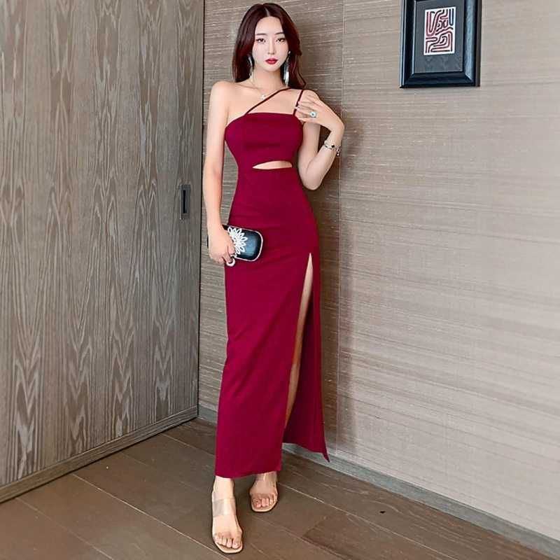 New slit sexy dress low cut high sense slanted shoulder suspender long dress evening dress design sense niche