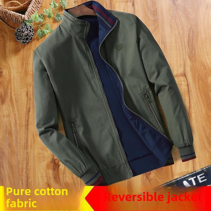 Мужская двухсторонняя хлопковая куртка на весну и осень - воротник-стойка, повседневный стиль