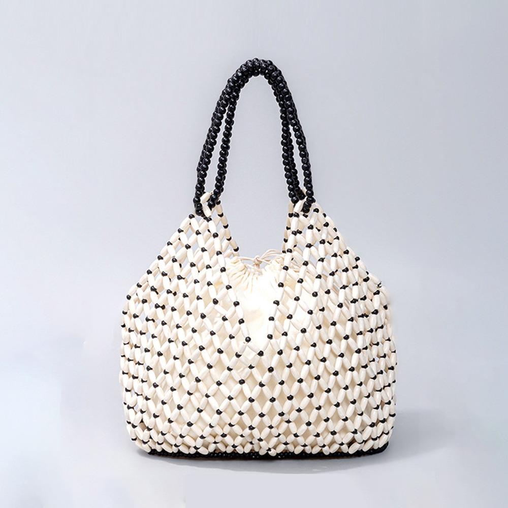 Fashion Polyester Lining Beaded Shoulder Bag Large Capacity Handwoven Ladies Handbag Bucket Shape Women Crossbody Bag Ladies