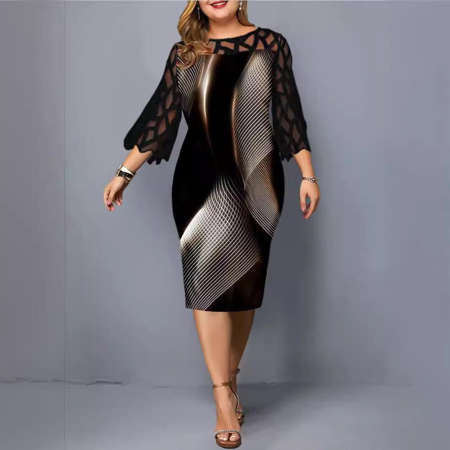 Популярное цифровое печатное кружевное платье с рукавом девять четвертей, женская одежда больших размеров