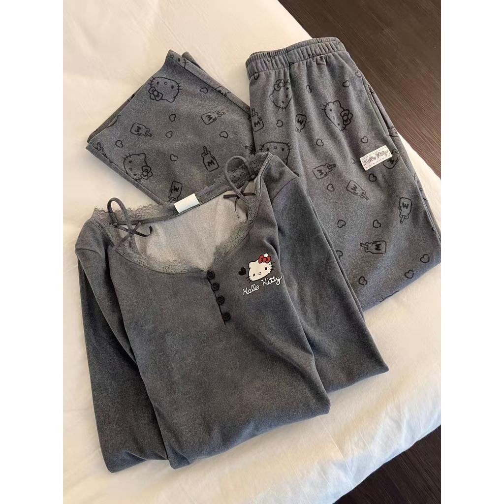 Cartoon warm German velvet pajamas women's autumn and winter gray Korean version of lace casual can be worn outside long-sleeved loungewear suit