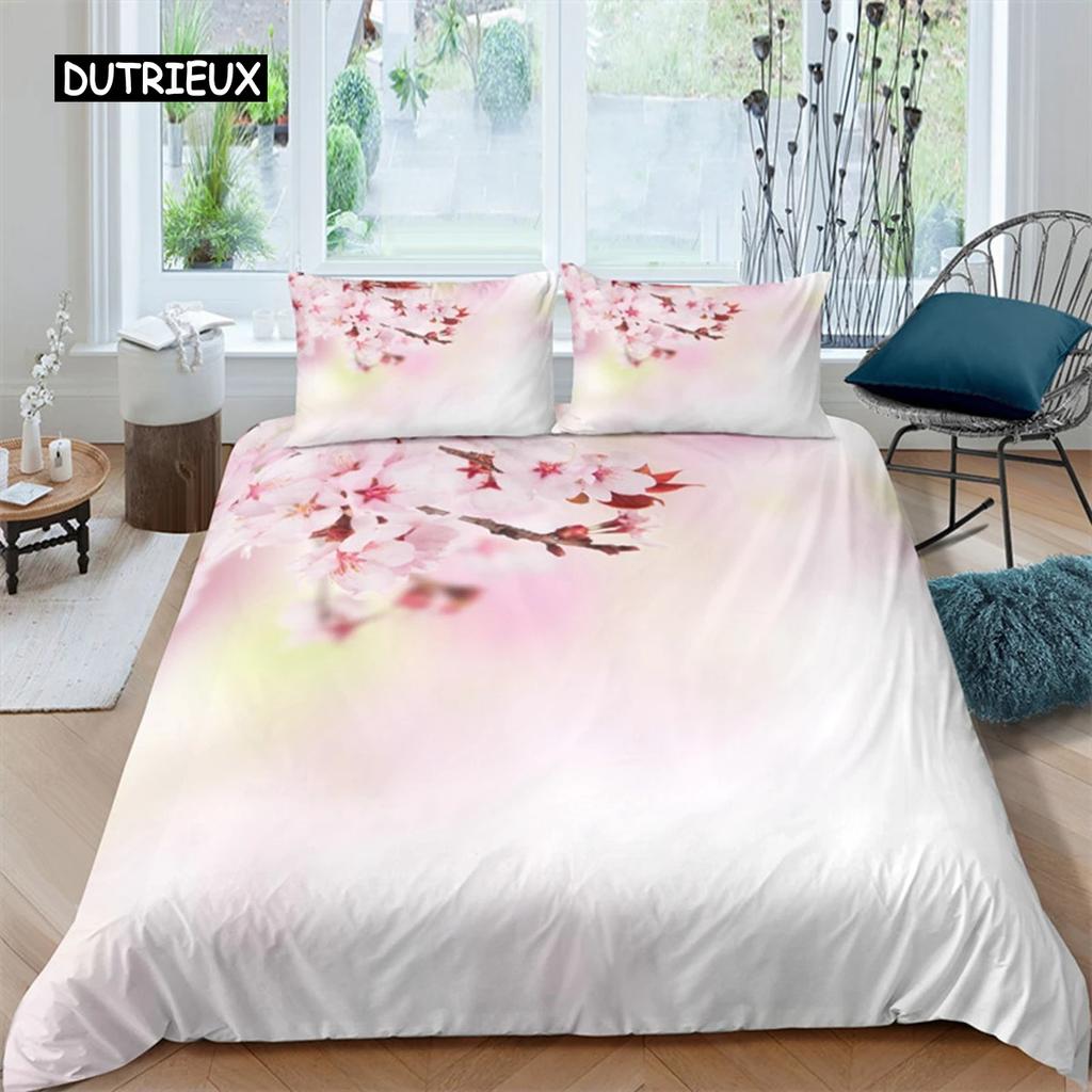 Plum Blossom Duvet Cover Collection King Pink Flower Quilt Cover For Girls Microfiber Branches Printed Bedding Collection