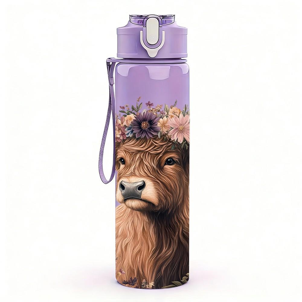 1PC Highland Cow Shaggy Cattle Portrait Print 750ml Color Plastic Sports Water Bottle Leakproof Flip Straw Lid Suitable for Sports Office Home Use