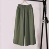 Women Cropped Pants Elastic Waist Mid-rise Wide Leg Trousers with Pockets Solid Color Loose Fit