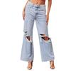 Knee Ripped Jeans Women's High-waisted Long Wide-leg Pants Light-colored Washed Casual Pants