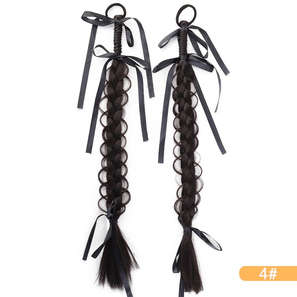 Ponytail Synthetic Wig Elastic Style Boxing Braid Wig with Ribbon Bow Hair Accessories Suitable for Ladies to Wear Daily