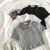 White Black Grey Polo Shirt Women Tops Short Sleeve 3 Buttons Elastic Rib-Knit T Shirt Slim Crop Tee Shirts