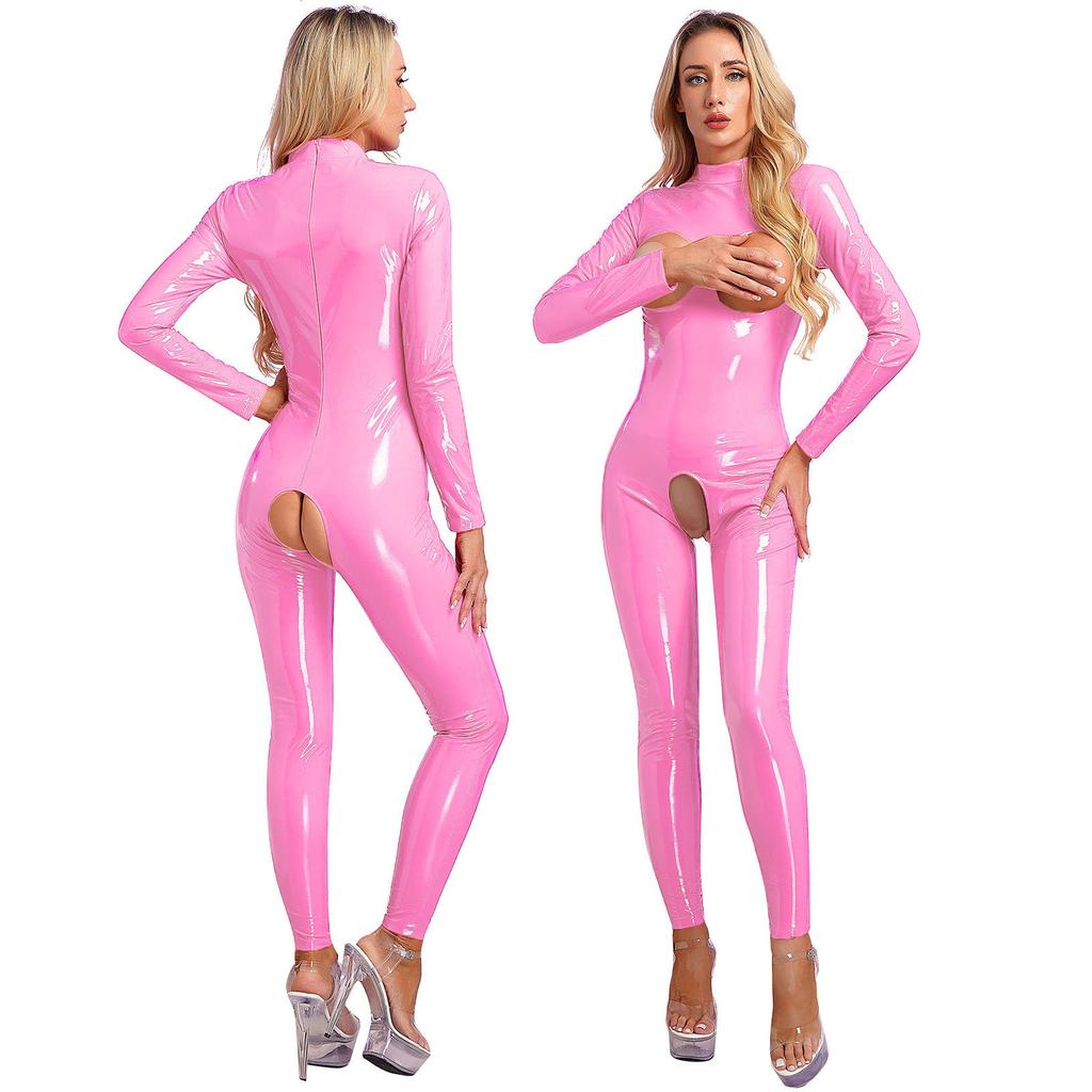 Женский сексуальный ажурный боди, клубная одежда, комбинезон из лакированной кожи всего тела, комбинезон на молнии