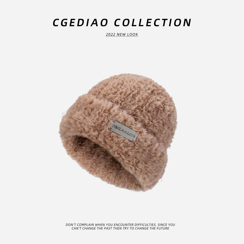 Autumn and winter wool iron standard hat, women's versatile knitted headgear, small face, warm plush cold hat, big head circumference, plain face
