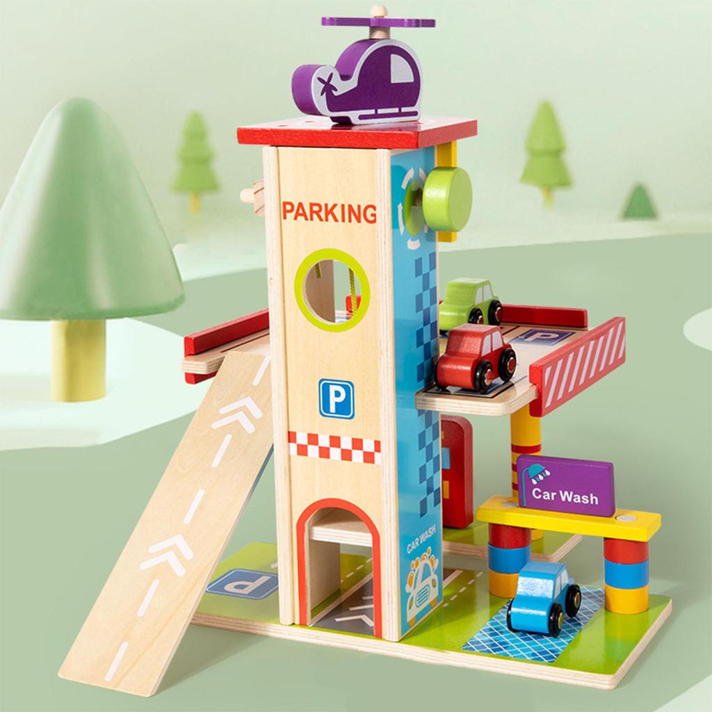 Wooden Parking Garage Playset Pretend Toy, Kids Gifts Educational Simulation Realistic Petrol