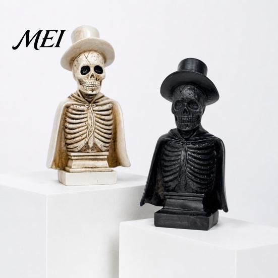 Halloween Tabletop Decoration for Party Gothic Skull Sculpture with Top Hat And Cape, Spooky Resin Prop Display Skeleton Figurine LED Light Home Decor