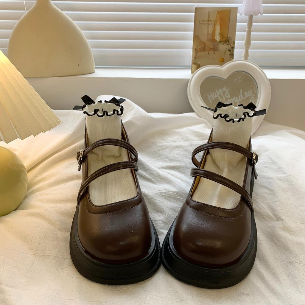 Leather Mary Jane Women's Shoes Japanese Style Lolita Round Toe High On Platform Female Footwear Black Gothic Vulcanized for A H