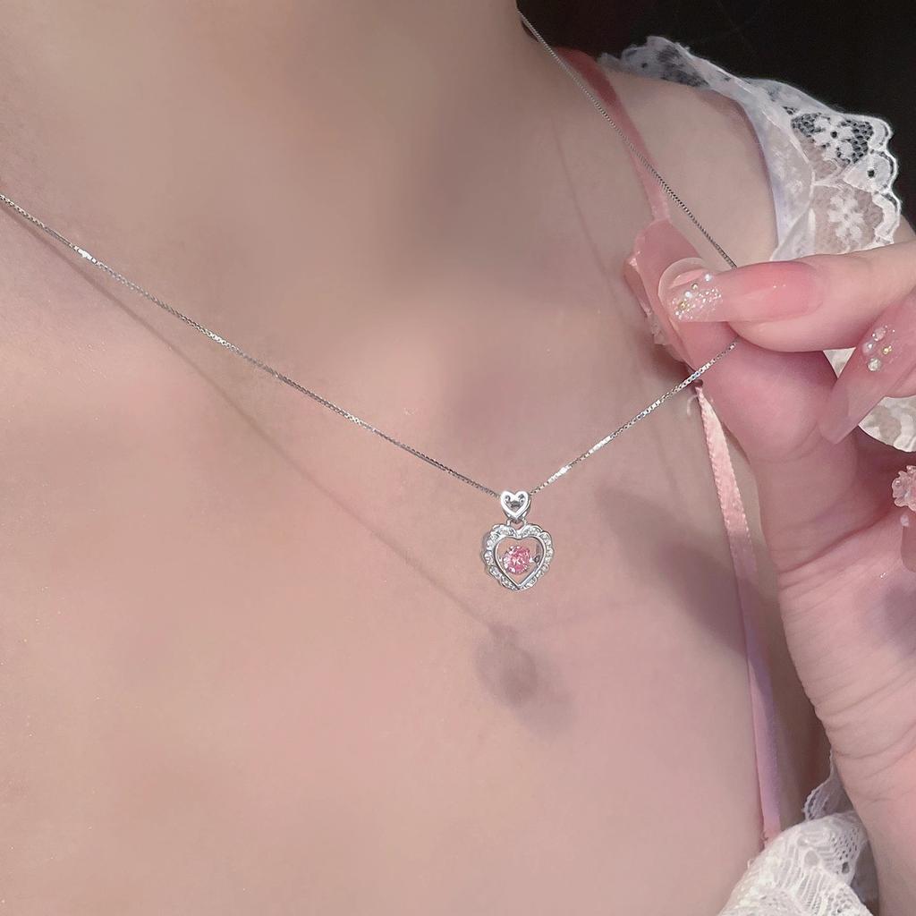 Pink Zircon Love Necklace Women's Light Luxury Niche Design Sense Micro-inlaid Sparkling Diamond Heart-shaped Stainless Steel Collarbone Chain