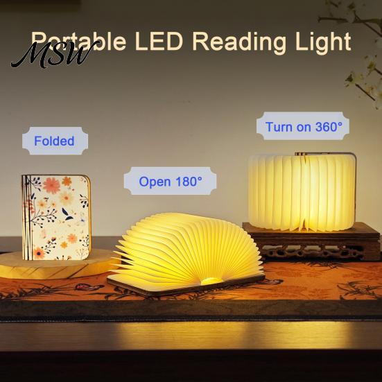 Portable Travel Light LED Book Light, Wooden Magnetic Foldable Night Lamp with Stepless Dimming, Unique Desk Accessory USB Rechargeable Warm