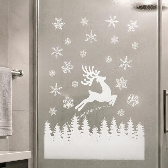 Seasonal Home Decor White Elk Christmas Window Clings, Snowy Xmas Tree Windows Stickers, Creative Winter Gifts Forest Trees Decorations for