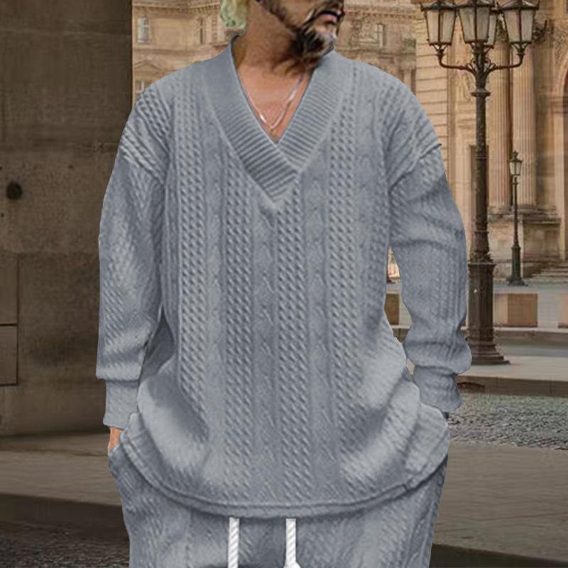 Осень-зима Cross Border Повседневный жаккардовый трикотаж Мужская весенне-осенняя свободная футболка с длинным рукавом Мужские пуловеры с V-образным вырезом Топы