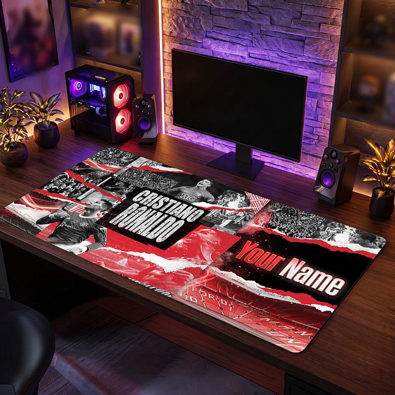 Cristiano Ronaldo Custom Large Mouse Pad, Personalized Name Text Print, Football Logo Non‑Slip Desk Mat Gaming Gift