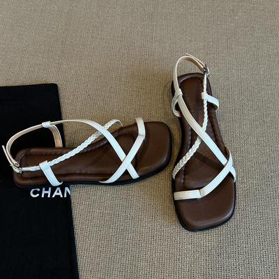 Овчина~ Темпераментные сандалии с плетеными перекрестными ремешками с закрытым носком, женская модная ниша, обувь на толстом каблуке, снижающая возраст, универсальная