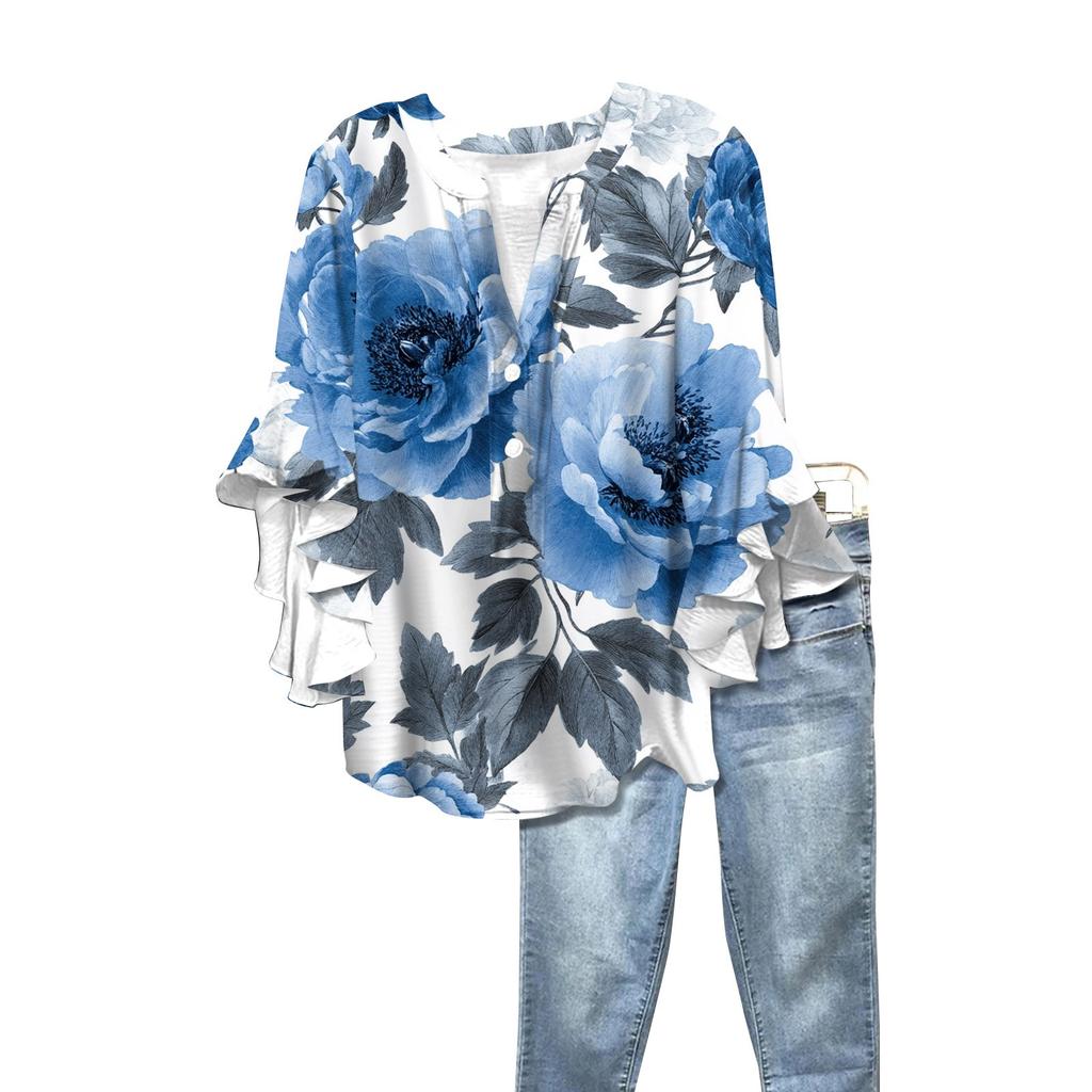 Summer Women's Tops V Neck Three Quarter Sleeve Shirt Vintage Floral Print Tops Casual Shirts