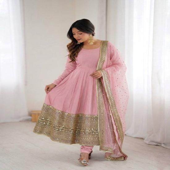 Heavy Mirror & Zari Work Flared Silk Anarkali Suit Set
