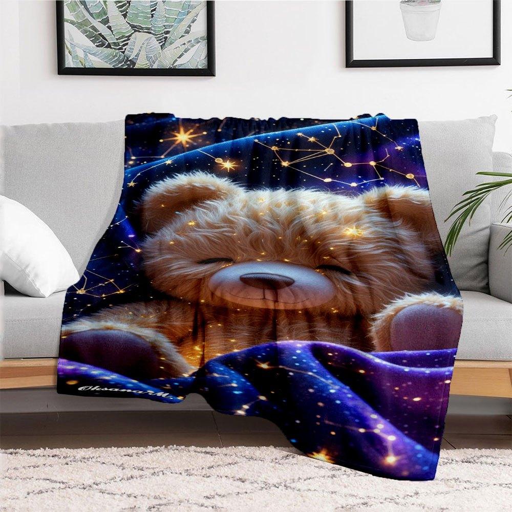 "Starry Night Teddy Bear Plush Toy - Celestial Comfort"Blanket Flannel Throw Blanket for Sofa, Bed, Travel, Camping, Office, Couch, Chair, A