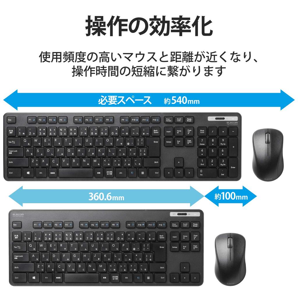 ELECOM Wireless Keyboard and Mouse Set TK-FDM109MKBK, Thin Membrane Type, Compact, Tenkeyless, Black