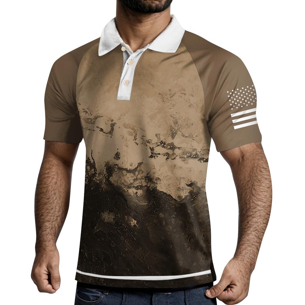 Men's Three Button Printed Lapel Short Sleeve Shirt Top