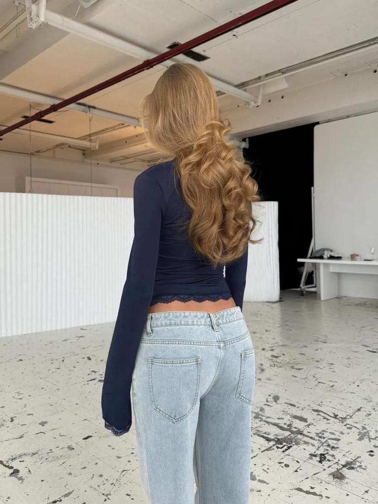 2025 Autumn/Winter Sexy Ribbed Lace-Trimmed Long-Sleeve U-Neck Top