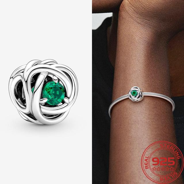 New S925 Silver Charm May Green Birthstone Eternity Circle Charm Fit Fashion 3mm Bracelet DIY Girl Necklace Pendant Gift