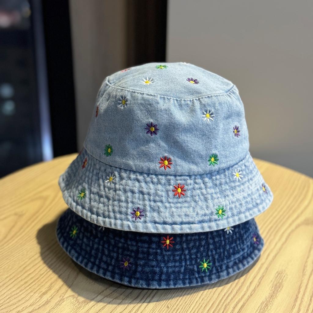 High-quality denim fisherman hat for women, new spring/summer style, embroidered, washed and distressed, fashionable and versatile bucket hat,