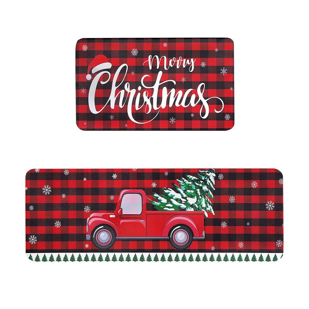 VIKAMA 2pcs Christmas Winter Crystal Velvet Floor Rug Kitchen Non-slip Mat Entrance Welcome Door Mat Holiday Home Decoration