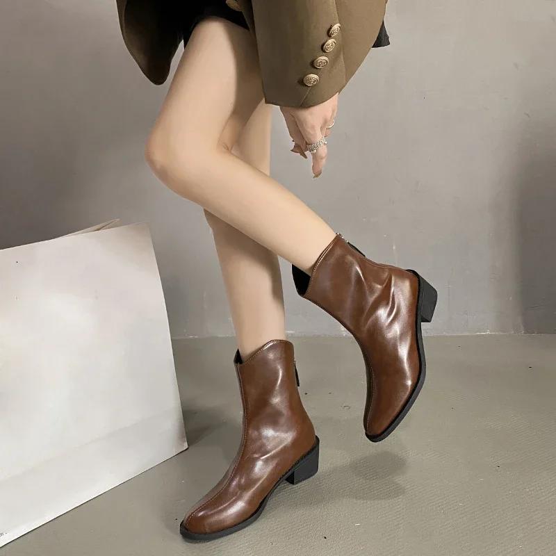 Модные женские ботильоны из мягкой кожи с острым носком, зимние женские модные короткие ботильоны из искусственной кожи с застежкой-молнией сзади, нарядные ботинки в стиле ретро