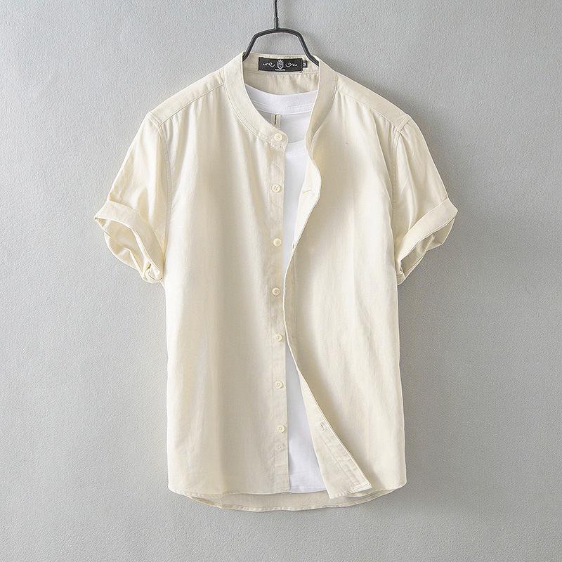 Мужская льняная рубашка с воротником-стойкой в китайском стиле — короткий рукав, свободный крой, летний повседневный тренд