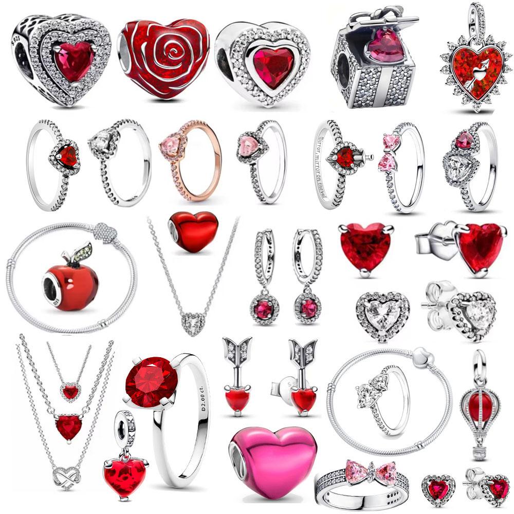 Red Christmas Apple Gift Dangle Charms Beads 925 Sterling Silver Heart Bracelet Women Jewelry