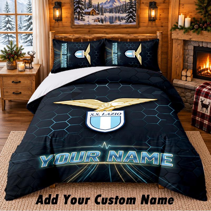 Lazio FC Pattern Bedding 3Pcs Set Custom Name, Bed Sheet And Pillowcases For Home Bedroom