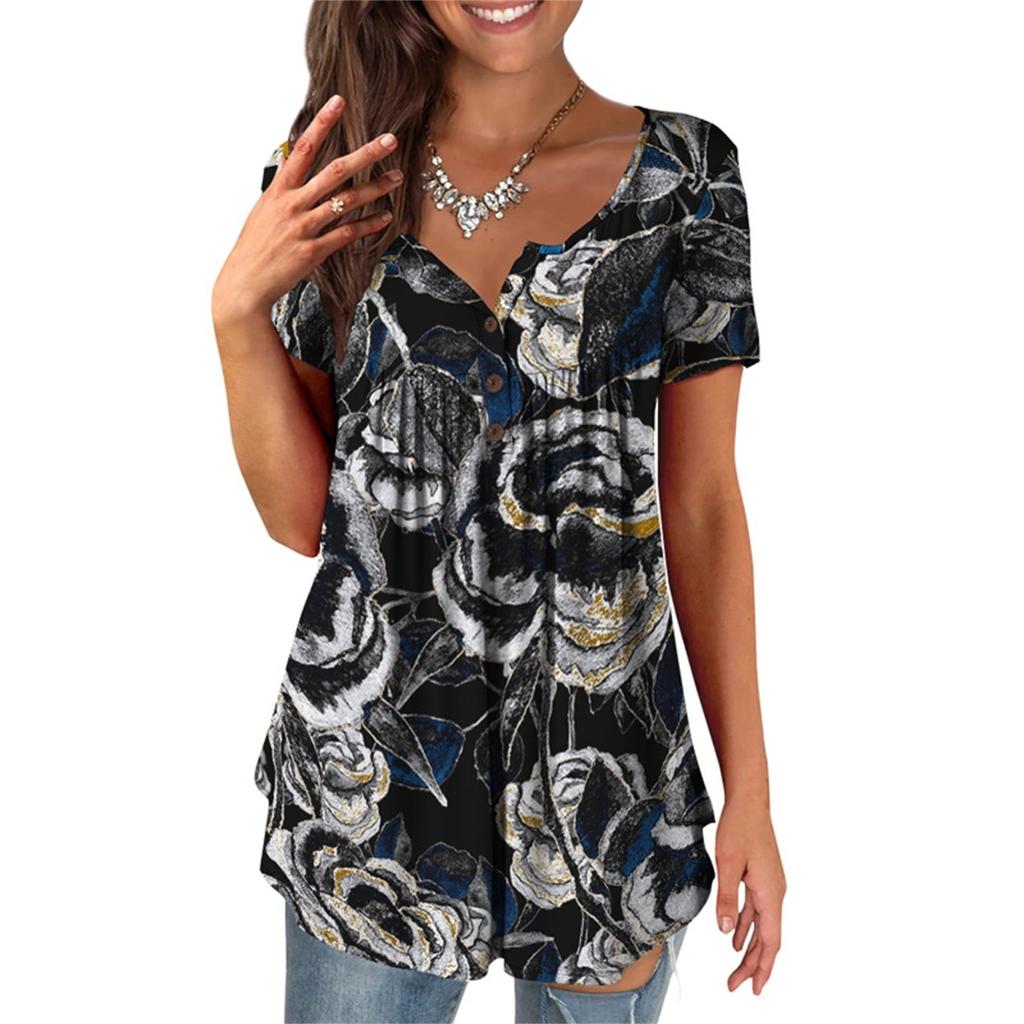 Женская туника с коротким рукавом, свободные топы, повседневные топы больших размеров, плиссированная туника на пуговицах, повседневные летние топы с цветочным принтом для женщин