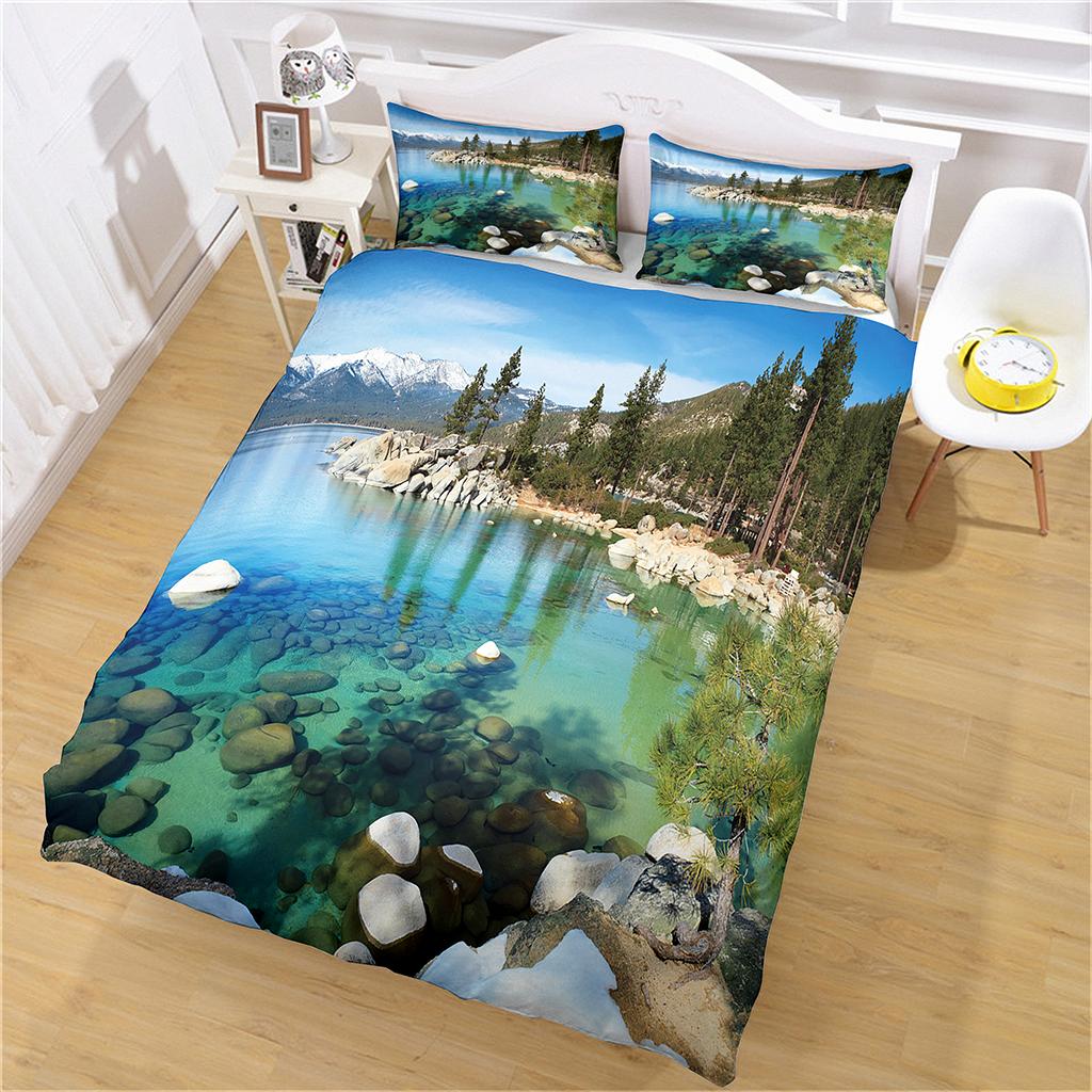 2 Seater Bed Covers 3D Lake Landscape 3 Pieces Printing Twin Bedding Set Quilt Cover Pillowcase Duvet Cover Set King Size