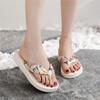 Summer Women Beach Shoes Bohemian Satin Cloth Strap Thick Bottom Slope Heel Flip Flops Sandals