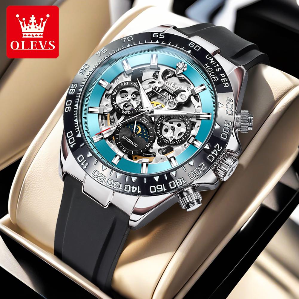 OLEVS Skeleton Mechanical Mens Watches High Quality Automatic Sport Clock Date Moon Phase Retro Wristwatch Relojes Hombre