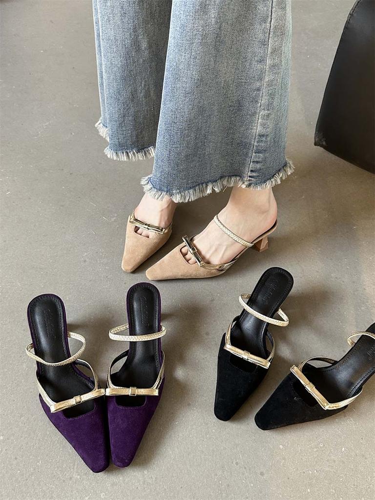 Мода Модные женские босоножки с острым носком Летние черные фиолетовые бежевые неглубокие туфли без застежек Женские туфли-лодочки Размер 35-39 Вечерние туфли-лодочки Сандалии 39