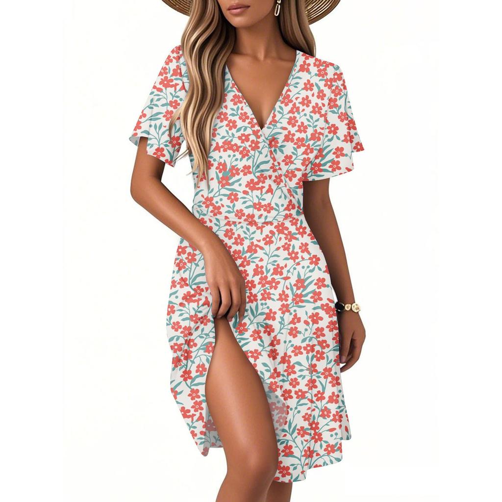 Женское повседневное модное платье с винтажным цветочным принтом и коротким рукавом и V-образным вырезом