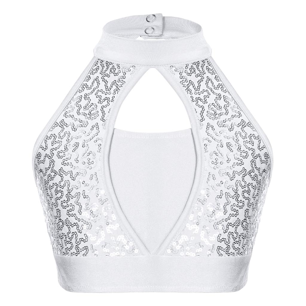 Kids Two Piece Performance Costume Sequin Crop Top Hollow Front Keyhole Back Irregular Chiffon Skirt Dance Outfit Set