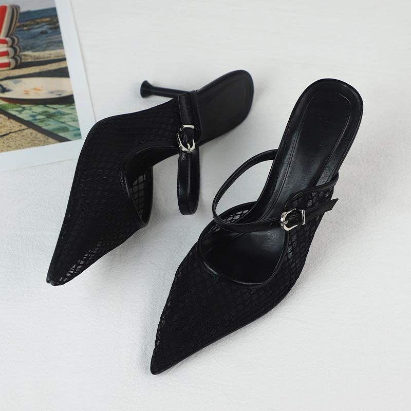 Модные женские босоножки на высоком каблуке с острым носком и сексуальной сеткой, лето 2025, новый дизайнерский черный слингбэк, элегантные туфли-стилет для офисной леди