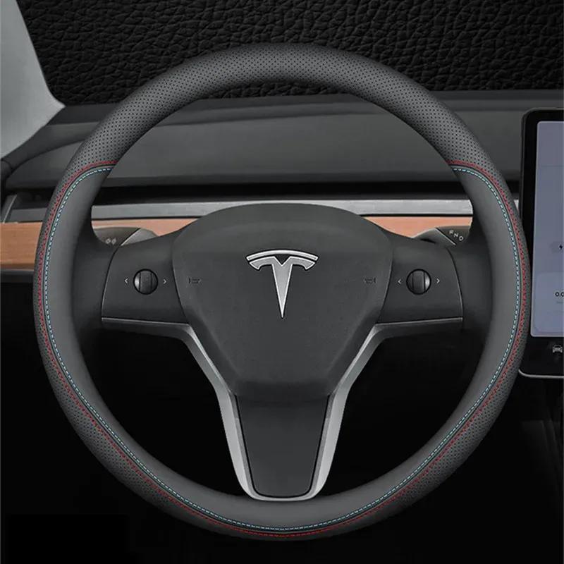 Кожаный чехол на руль автомобиля для Tesla Model 3 Y S X 2024 36-38 см Черный Автоаксессуары для интерьера