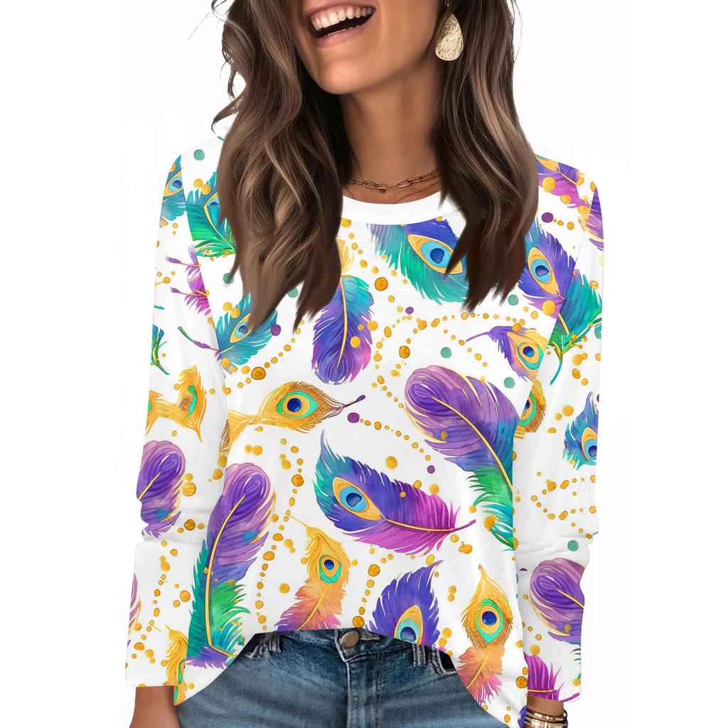Long Sleeve Shirts For Women Cute Print Graphic Tees Blouses Casual Plus Size Basic Tops Pullover