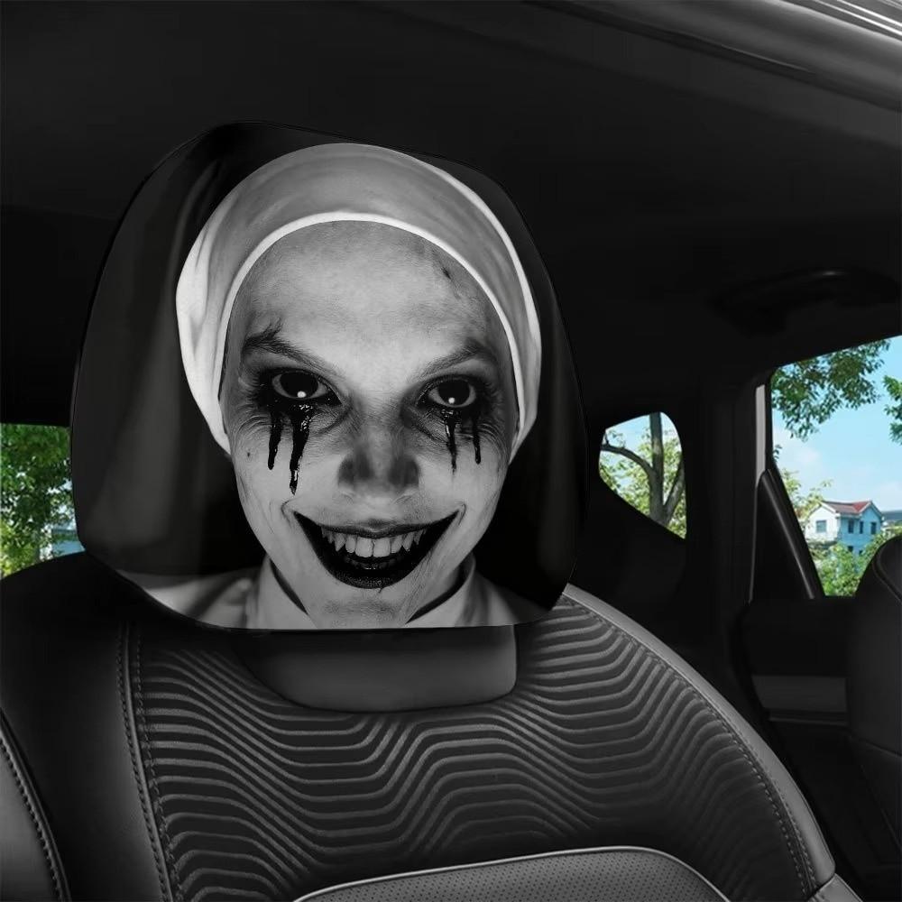 2Pcs Soft Comfortable Spooky Face Auto Headrest Sleeve Stretch Headrest Protector All Seasons