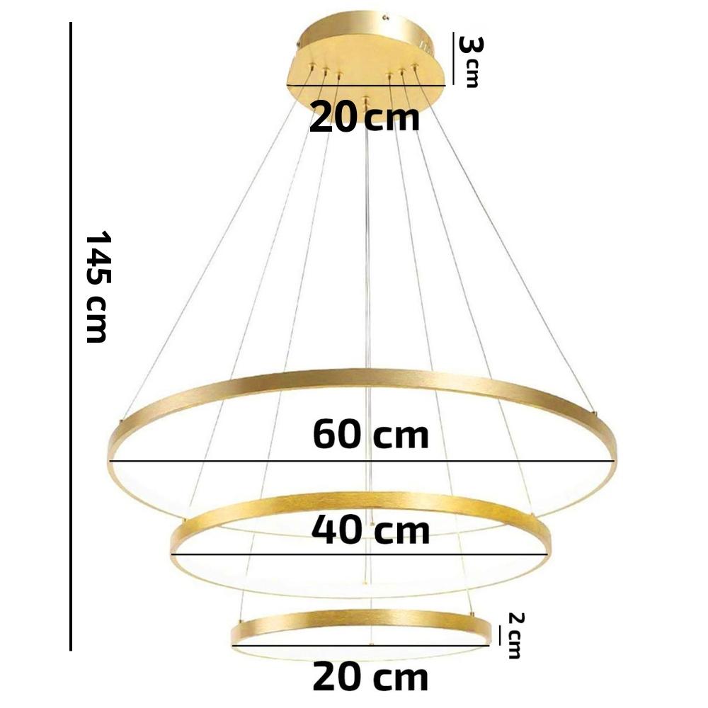 LED ceiling pendant lamp, chandelier, 3 rings, 76w, gold color, adjustable, NEUTRAL